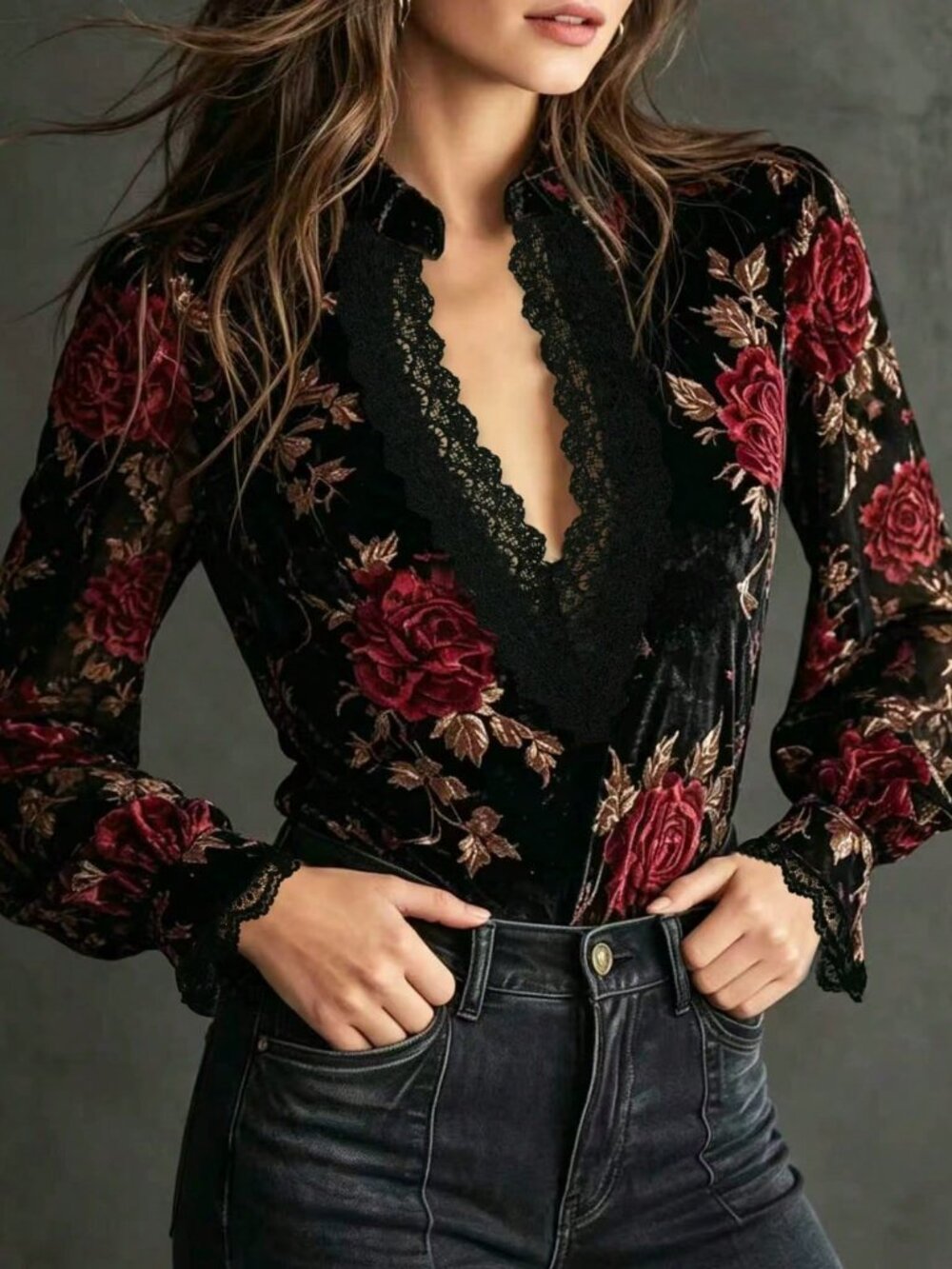 Black Casual Women's Velvet Floral Long Sleeve Shirt - Picture 4 of 6